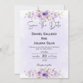Purple Minimalist Floral Wedding Save the Date Kaart (Voorkant)