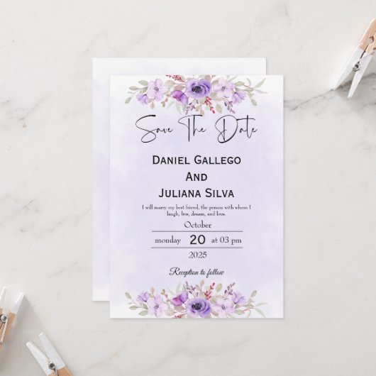 Purple Minimalist Floral Wedding Save the Date Kaart (Voorkant / Achterkant in situ)