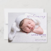 Purple Minimalist Photo Baby Announcement Card (Voorkant)