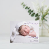 Purple Minimalist Photo Baby Announcement Card (Staand voorkant)