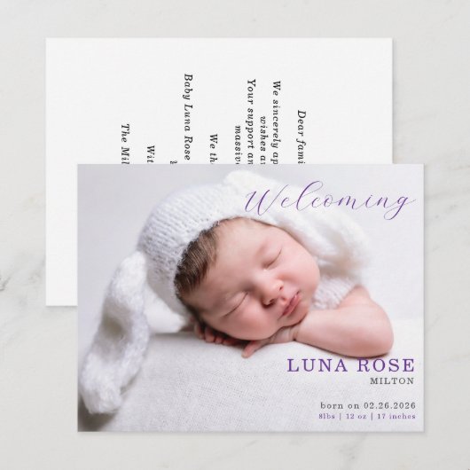 Purple Minimalist Photo Baby Announcement Card (Voorkant / Achterkant)