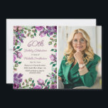 Purple Mint Green Floral 60th Birthday Photo  Kaart<br><div class="desc">Celebrate a beautiful milestone with this elegant 60th birthday photo invitation. The design features a frame of watercolor roses, lilacs, and greenery in shades of purple and green, paired with stylish typography for the party details. A personalized photo of the guest of honor sits alongside the floral layout, creating a...</div>