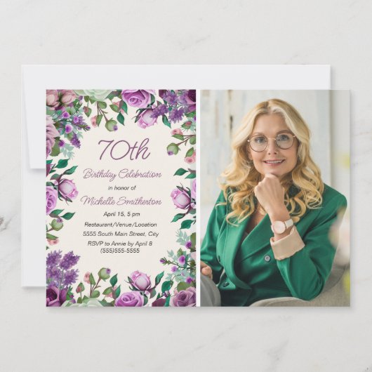 Purple Mint Green Floral 70th Birthday Photo  Kaart (Voorkant)