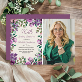 Purple Mint Green Floral 70th Birthday Photo  Kaart