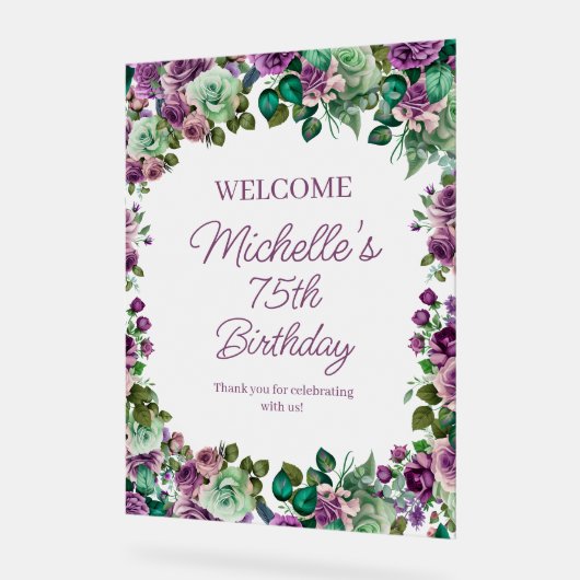 Purple Mint Green Floral Birthday Party Welcome Acryl Bord (Hoek)