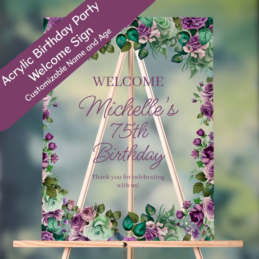Purple Mint Green Floral Birthday Party Welcome Acryl Bord