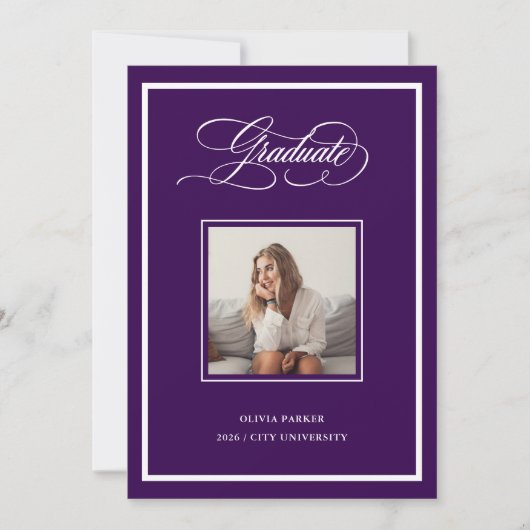 Purple Modern Frame Photo and Elegant Script Grad Aankondiging (Voorkant)