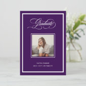 Purple Modern Frame Photo and Elegant Script Grad Aankondiging (Staand voorkant)