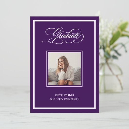 Purple Modern Frame Photo and Elegant Script Grad Aankondiging (Staand voorkant)