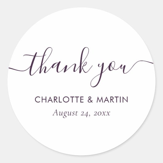 Purple Modern Script Wedding Thank You Ronde Sticker (Voorkant)