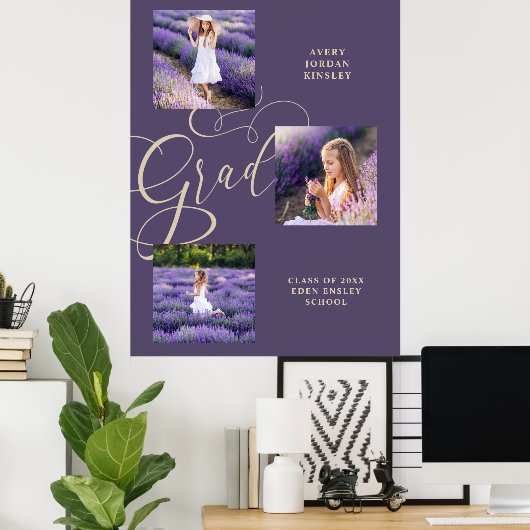 Purple Modern Typography Grad Three Photos Poster (Thuiskantoor)