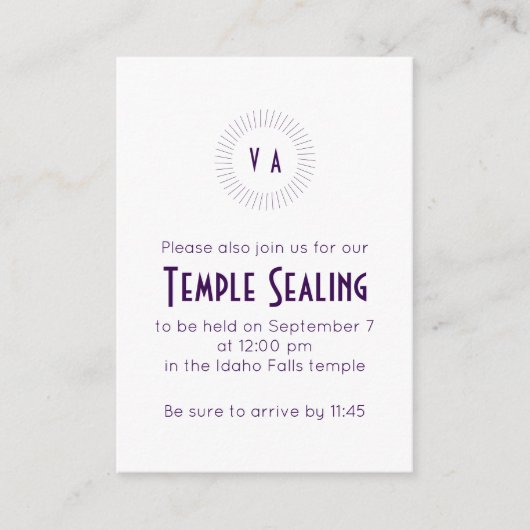 Purple Monogram Circle Temple Sealing Invitation Informatiekaartje (Voorkant)