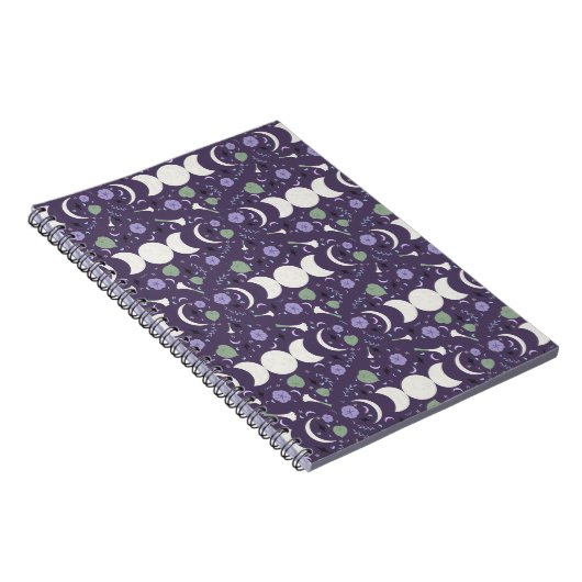Purple Moon Phase Floral Pattern Spiral Notebook Notitieboek (Rechterzijde)
