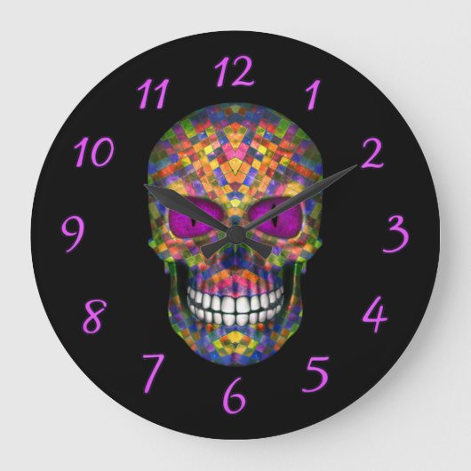 Purple Mosaic Sugar Skull Zombie Wall Clocks Grote Klok (Voorkant)