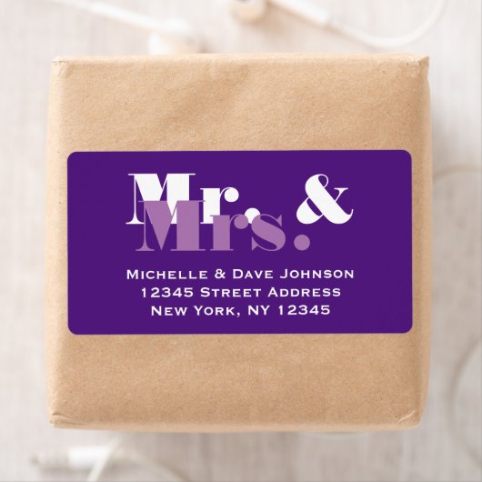 Purple Mr and Mrs address labels for wedding mail (Insitu)