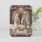 Purple Nativity Scene Christian Christmas Feestdagenkaart (Staand voorkant)