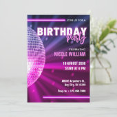 Purple neon disco ball night birthday party kaart (Staand voorkant)