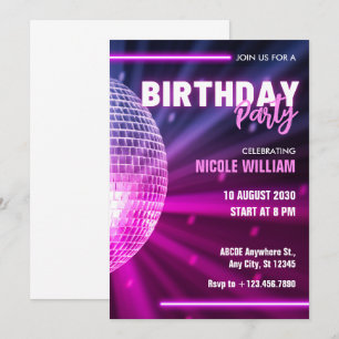 Purple neon disco ball night birthday party kaart