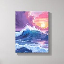 Purple Ocean Waves Sunset Watercolor Painting Canvas Afdruk