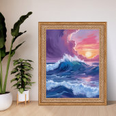 Purple Ocean Waves Sunset Watercolor Painting Poster