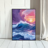 Purple Ocean Waves Sunset Watercolor Painting Poster