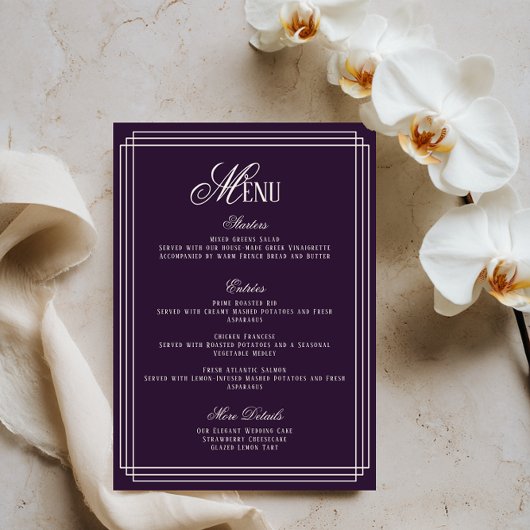 Purple Old Money Wedding Menu Card Kaart
