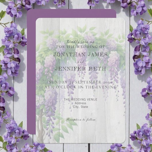 Purple on Wood Wisteria Floral Wedding Invitation Kaart