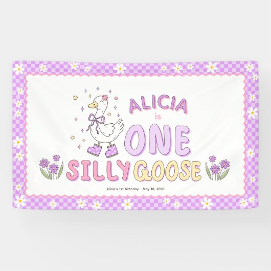 Purple One Silly Goose-Girl 1st Birthday Backdrop Spandoek (Horizontaal)