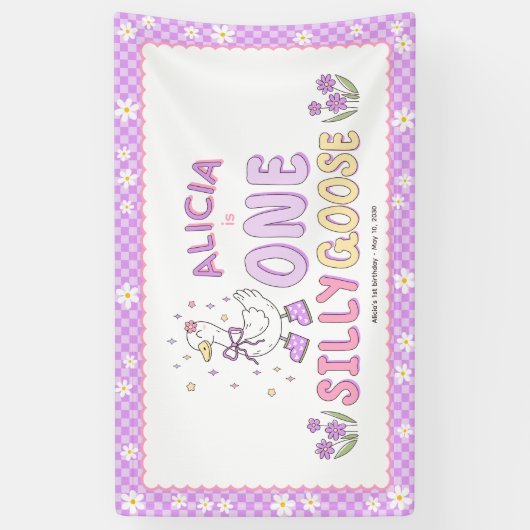 Purple One Silly Goose-Girl 1st Birthday Backdrop Spandoek (Verticaal)