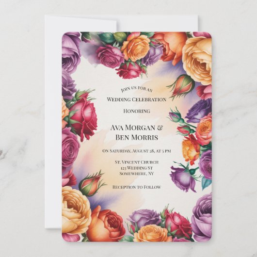 Purple Orange and Red Rose Wedding with QR-Code Kaart (Voorkant)
