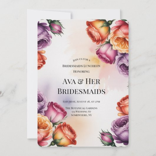 Purple Orange and Red Roses Bridesmaids Luncheon Kaart (Voorkant)
