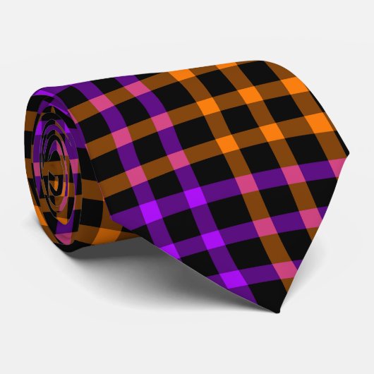 Purple Orange Plaid Checker Seamless Pattern Stropdas (Opgerold)