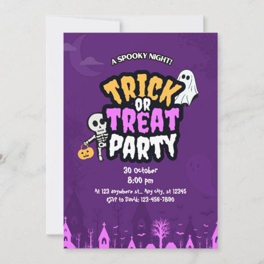 Purple Orange Trick or Treat Halloween Party  Kaart (Voorkant)