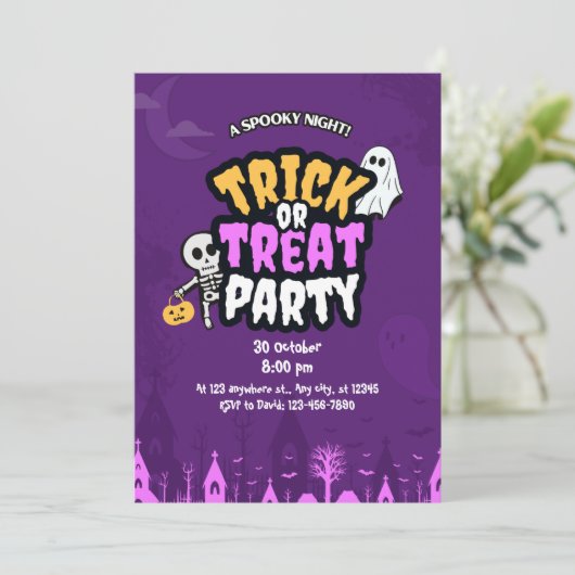 Purple Orange Trick or Treat Halloween Party Kaart (Staand voorkant)