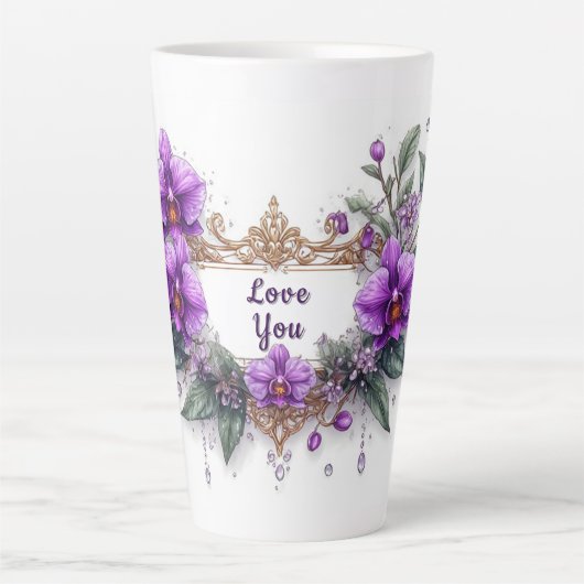 Purple Orchid Floral Frame Latte Mok (Voorkant)