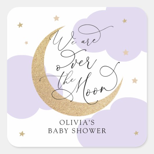 Purple Over the Moon Baby Shower Vierkante Sticker (Voorkant)