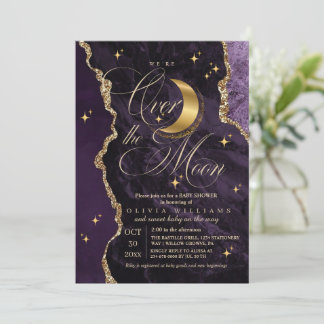  Purple Over the Moon Gold Stars Baby Shower  Kaart
