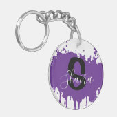Purple Paint Splatter Personalized Initial & Name  Sleutelhanger (Voorkant Links)
