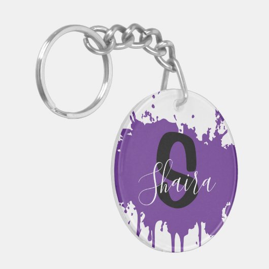 Purple Paint Splatter Personalized Initial & Name  Sleutelhanger (Voorkant Links)