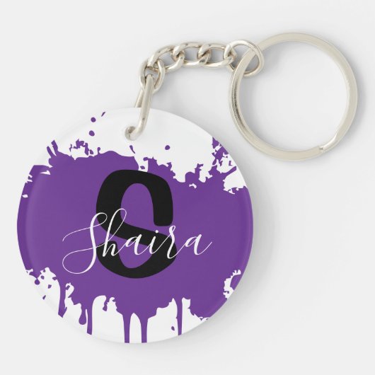 Purple Paint Splatter Personalized Initial & Name  Sleutelhanger (Achterkant)