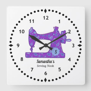 Purple Paisley Sewing Machine Large Clock Vierkante Klok