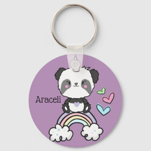 Purple Panda Unicorn on Rainbow Personalized Sleutelhanger