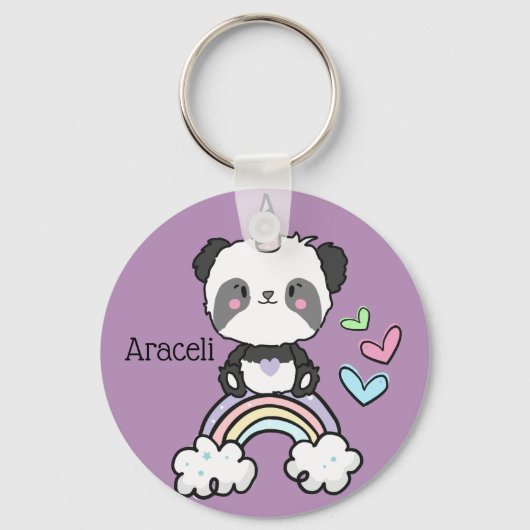 Purple Panda Unicorn on Rainbow Personalized Sleutelhanger (Voorkant)