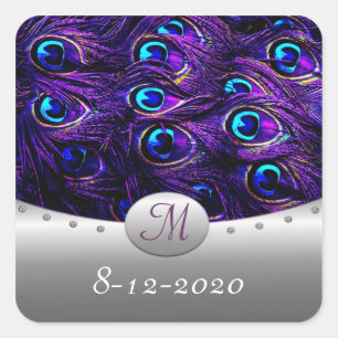 Purple Peacock Wedding Invitation Envelope Seals Vierkante Sticker