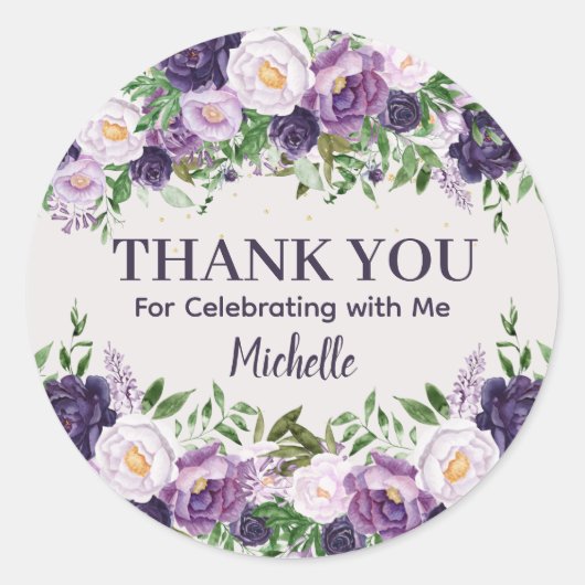 Purple Peonies Floral Women's Birthday Thank You Ronde Sticker (Voorkant)