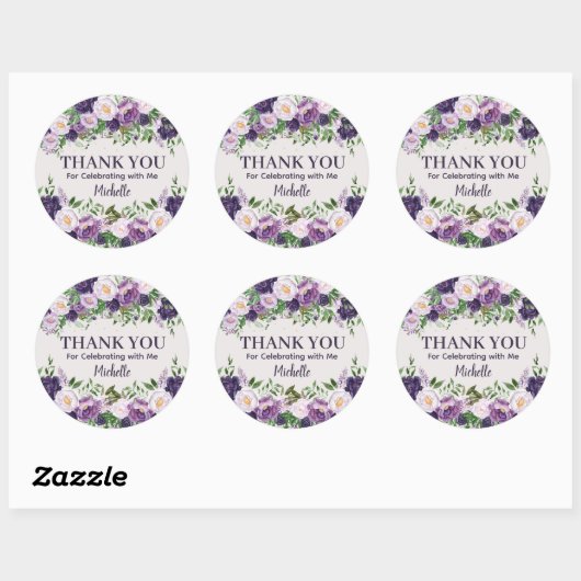 Purple Peonies Floral Women's Birthday Thank You Ronde Sticker (Vel)