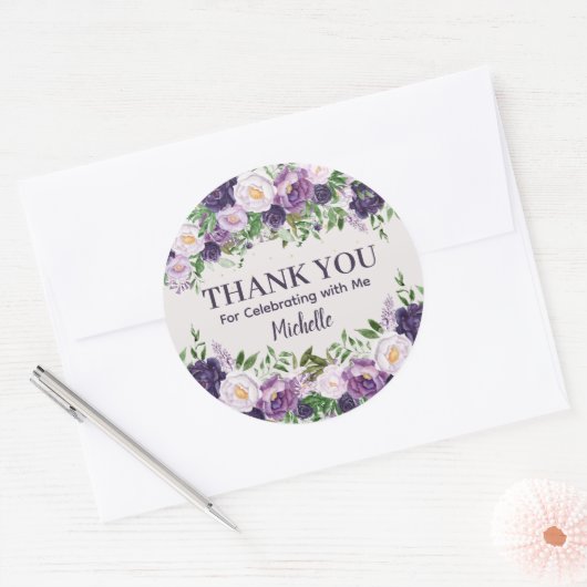 Purple Peonies Floral Women's Birthday Thank You Ronde Sticker (Envelop)