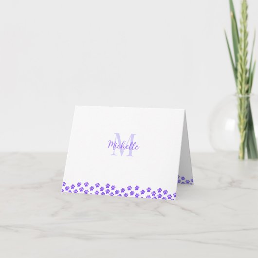 Purple Pet Paw Prints Custom Monogram Cute  Notitiekaartje (Voorkant)
