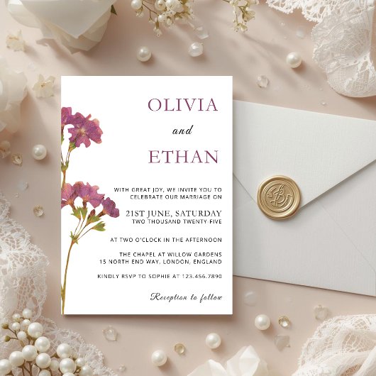 Purple Petunia Floral Wedding Invitation Kaart