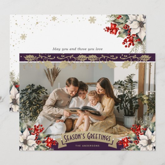 Purple Photo Holly Snowflakes Season's Greetings Feestdagenkaart (Voorkant / Achterkant)